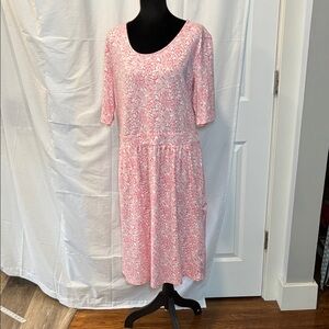 Lands' End Pink Floral Scoop-Neck Midi Dress with Elbow Sleeves